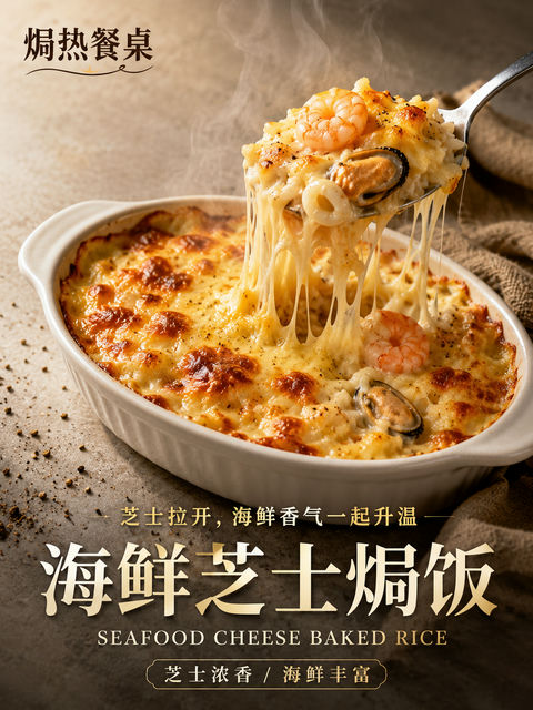 芝士拉丝海鲜焗饭高级感商业海报 - AI图片提示词示例