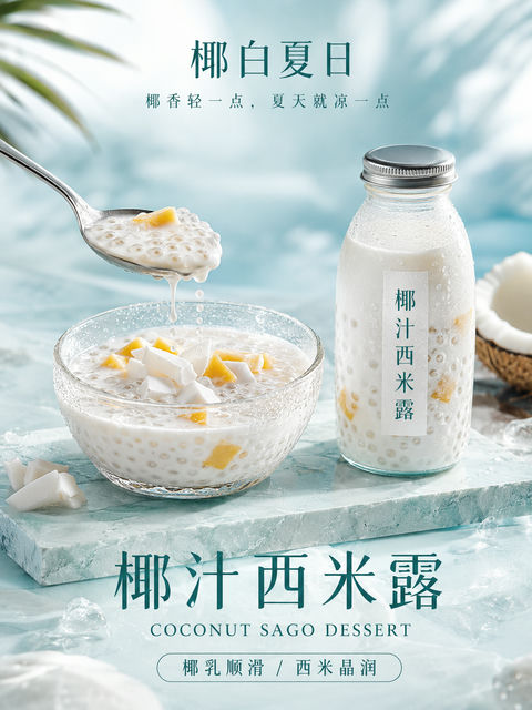 椰香满溢晶莹西米露高端商业海报 - AI图片提示词示例
