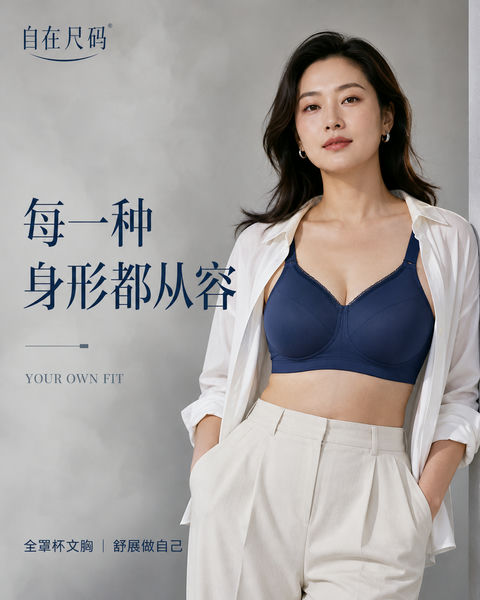 自在尺码全罩杯文胸高端杂志风海报 - AI图片提示词示例