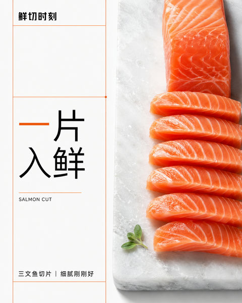 瑞士极简风鲜切三文鱼商业海报设计 - AI图片提示词示例