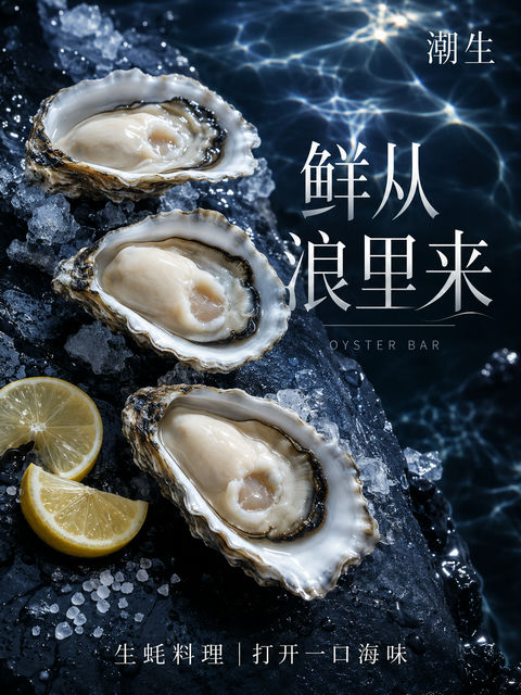 潮生生蚝海报：鲜从浪里来的深海韵味 - AI图片提示词示例