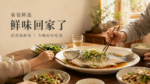 电影感清蒸海鲈鱼温润家常餐饮海报 - AI图片提示词示例