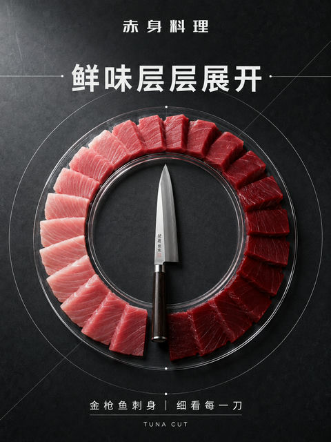 几何美学金枪鱼刺身高端料理商业海报 - AI图片提示词示例