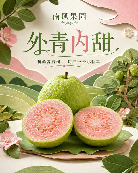 清新纸雕风粉心番石榴创意海报 - AI图片提示词示例