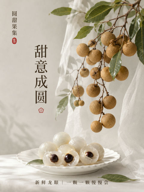 新中式极简龙眼商业摄影海报 - AI图片提示词示例