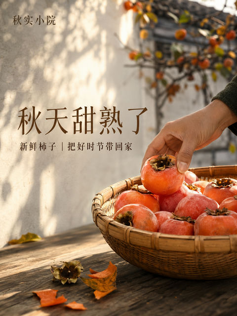 中式庭院暖阳下的秋日柿子商业海报 - AI图片提示词示例