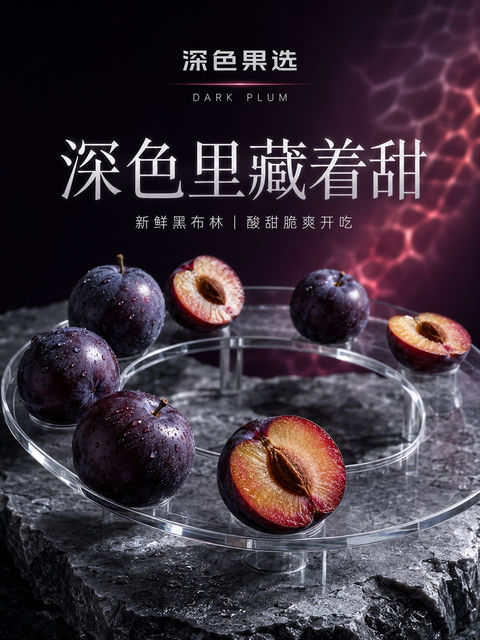 极简光学玻璃黑布林鲜果艺术海报 - AI图片提示词示例