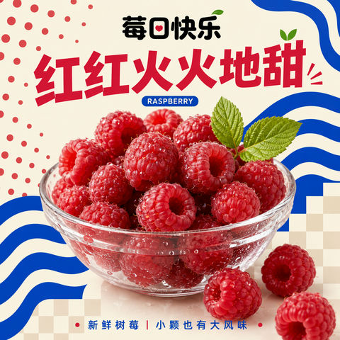 孟菲斯潮流鲜果树莓商业海报设计 - AI图片提示词示例