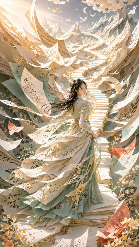现代东方女性梦境立体剪纸艺术海报 - AI图片提示词示例