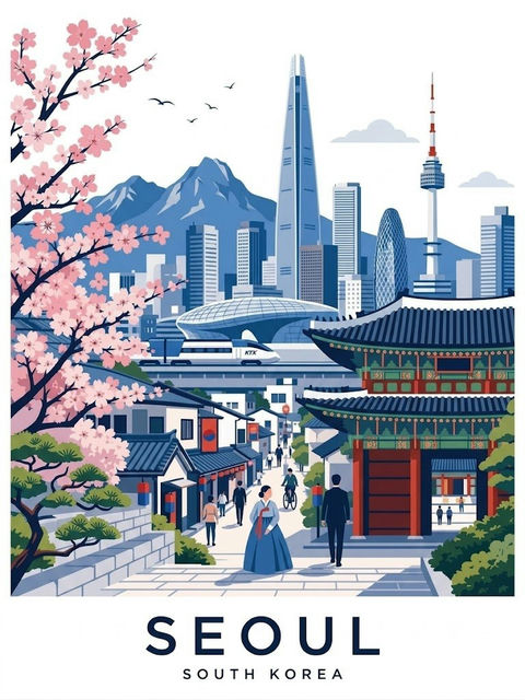 复古扁平矢量城市旅游海报插画 - AI图片提示词示例