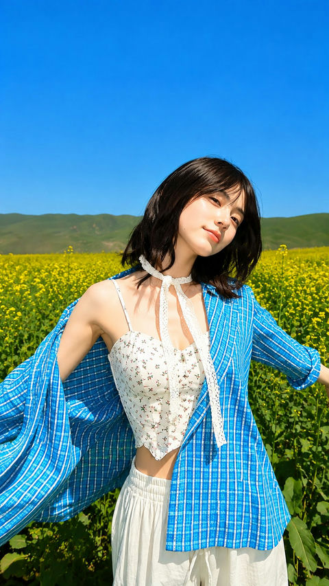 东亚女性油菜花田超写实时尚摄影 - AI图片提示词示例