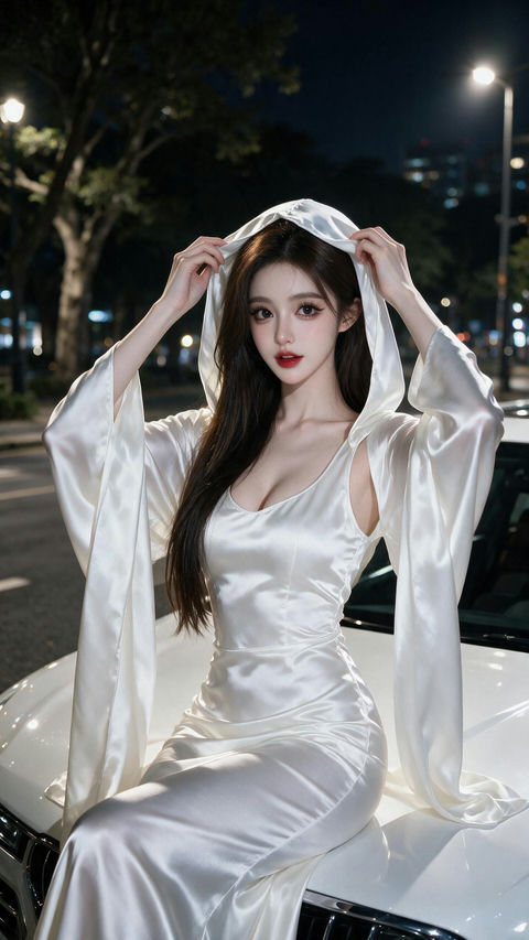 白缎裙东亚美女与白色豪车夜景 - AI图片提示词示例