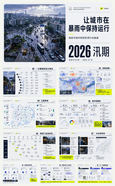 国际主义纪实风格城市韧性防涝报告设计 - AI图片提示词示例