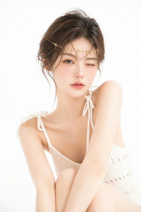 日系杂志感香槟白少女写真 - AI图片提示词示例