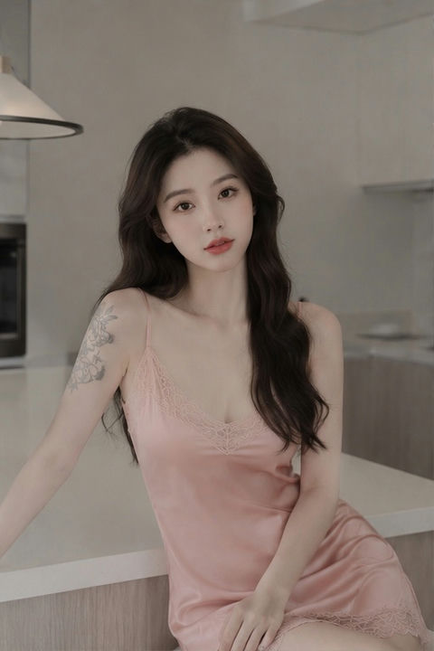 极简厨房东亚女性人像摄影 - AI图片提示词示例