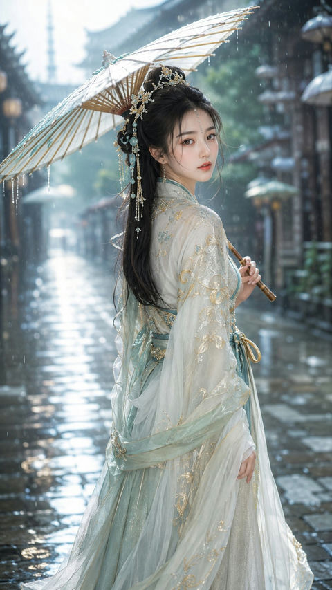 雨后青石巷古风仙侠叙事感女主写真 - AI图片提示词示例