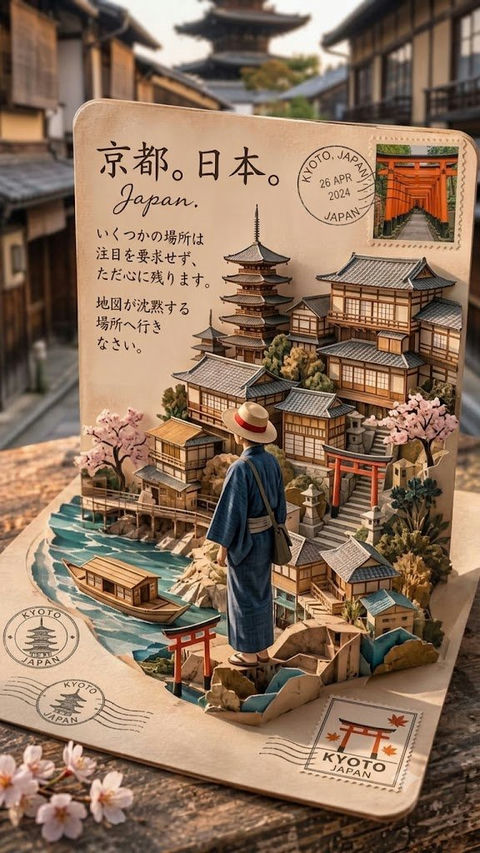 京都立体剪纸明信片风景 - AI图片提示词示例