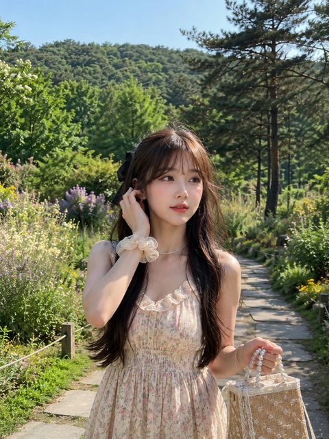 唯美春季花园东亚女性胶片质感肖像 - AI图片提示词示例