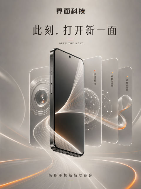 钛灰极简几何智能手机新品发布海报 - AI图片提示词示例