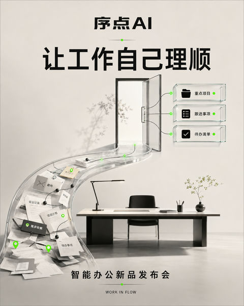 序点AI发布会：极简办公的超现实秩序之门 - AI图片提示词示例