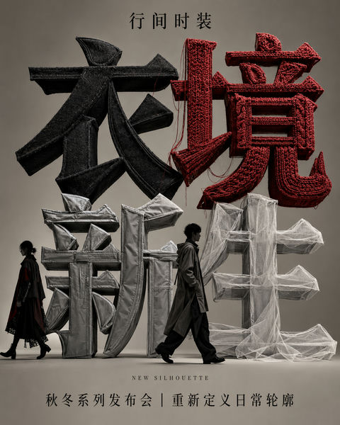 羊毛针织拼接立体汉字时装发布会海报 - AI图片提示词示例