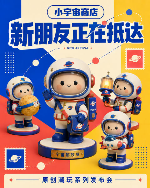 孟菲斯风格小宇宙商店潮玩发布海报 - AI图片提示词示例