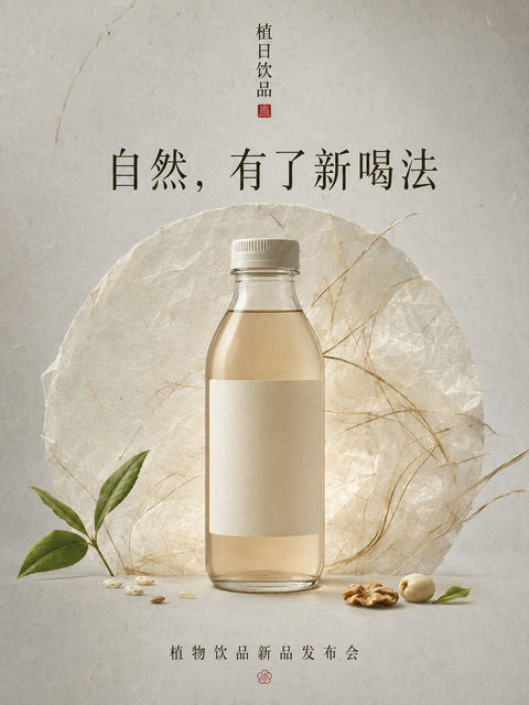 新中式极简植物饮品发布海报 - AI图片提示词示例
