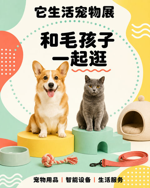 孟菲斯风格宠物生活方式展览海报 - AI图片提示词示例
