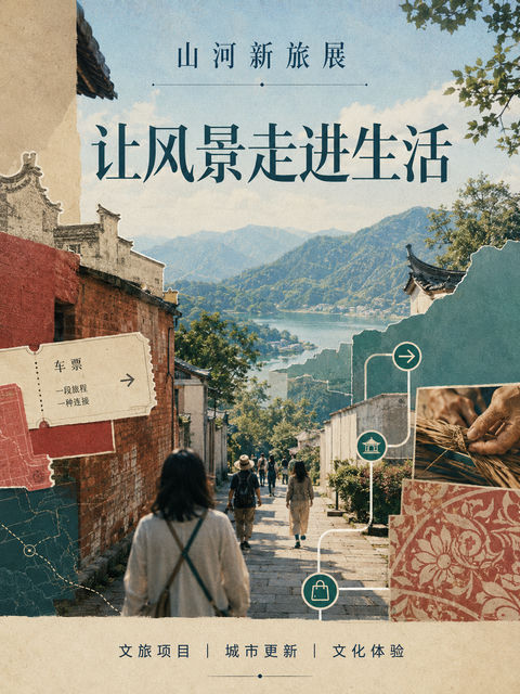穿梭山河街巷的文旅融合叙事海报 - AI图片提示词示例