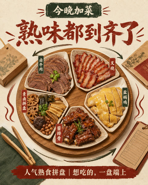 创意熟食拼盘海报：今晚加菜系列之熟味集结 - AI图片提示词示例