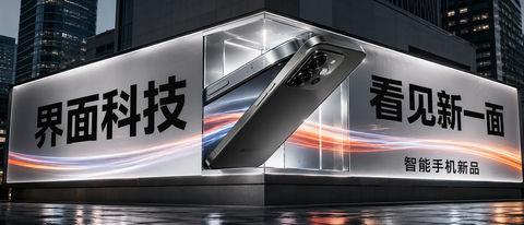 钛灰智能手机L型转角裸眼3D创意海报 - AI图片提示词示例