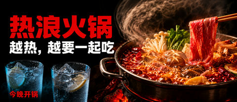 热浪火锅巨幕海报：红汤翻滚与冰爽冷饮的视觉盛宴 - AI图片提示词示例