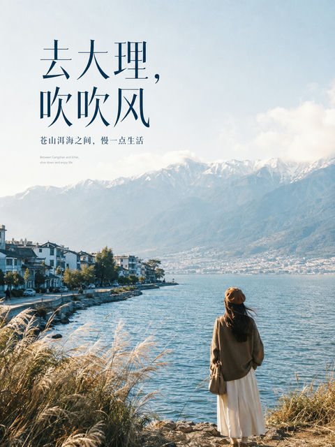 治愈系大理洱海商业旅行海报 - AI图片提示词示例