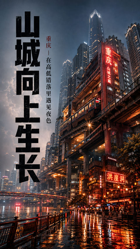 山城重庆赛博夜景海报纵向构图 - AI图片提示词示例