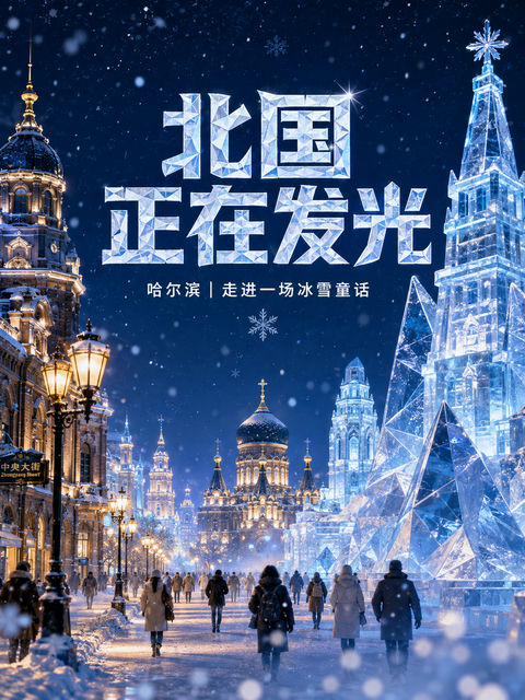 尔滨冬日梦幻冰雪童话旅游海报 - AI图片提示词示例
