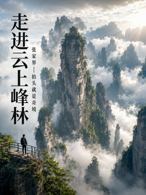 张家界云上峰林自然奇观旅游海报 - AI图片提示词示例
