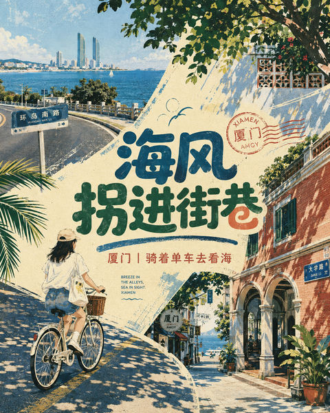 海风与老街的厦门漫游旅行海报 - AI图片提示词示例