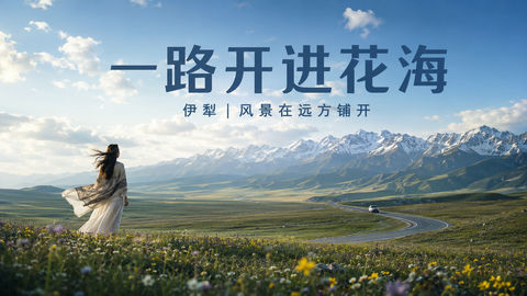 新疆伊犁草原自驾横屏旅行海报 - AI图片提示词示例