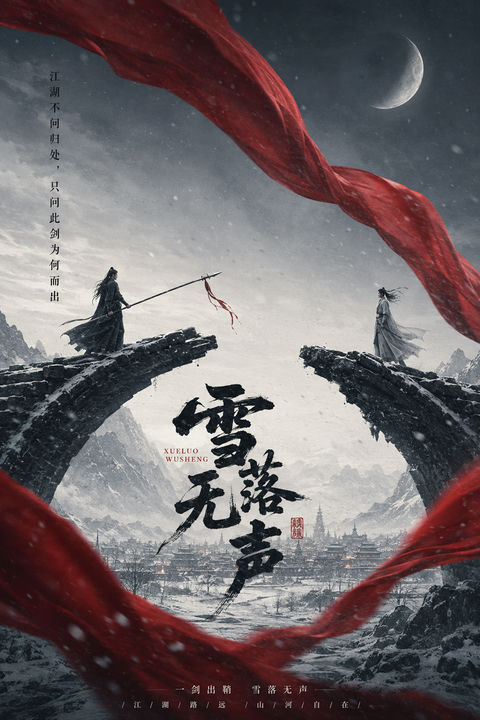 东方武侠史诗海报雪落无声断桥对峙 - AI图片提示词示例