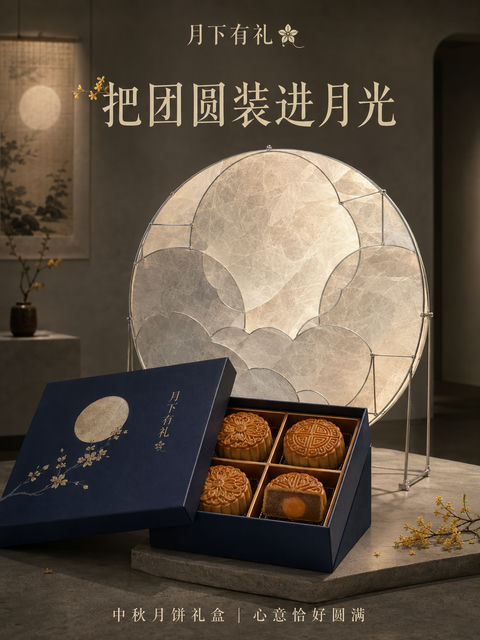靛蓝艺术装置风格中秋月饼礼盒海报 - AI图片提示词示例