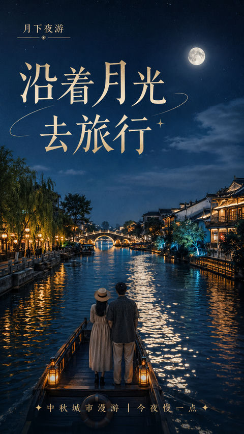 蓝调中秋水乡漫游电影感叙事海报 - AI图片提示词示例