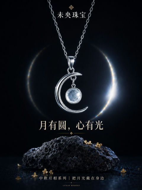极简奢华中秋月相珠宝品牌海报 - AI图片提示词示例