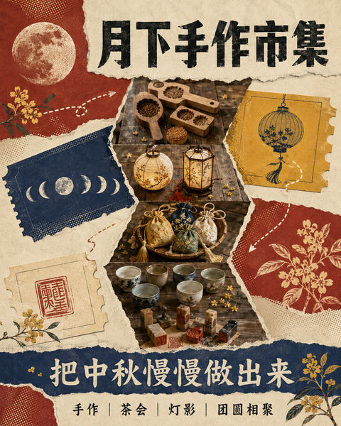 匠心造物月下手作市集海报 - AI图片提示词示例