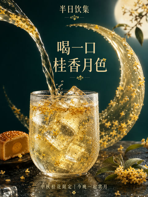 喝一口桂香月色：中秋限定饮品海报 - AI图片提示词示例