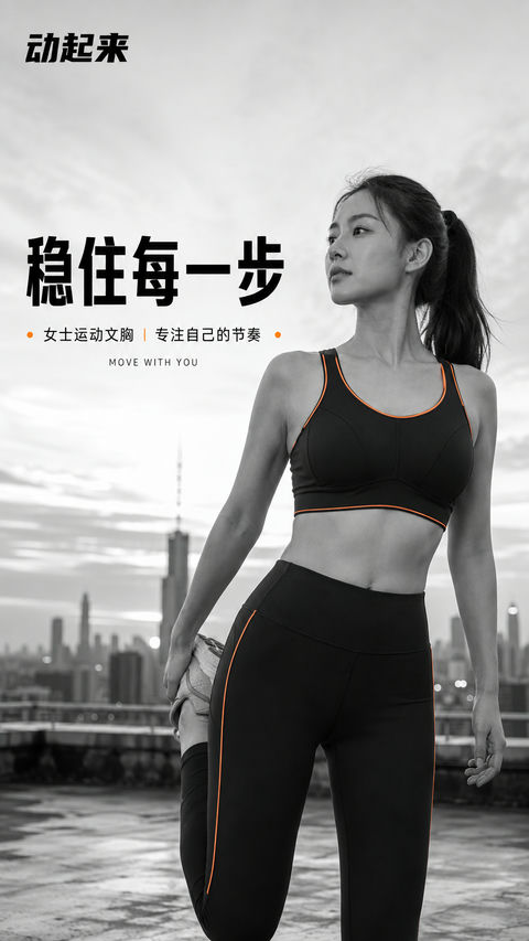 清晨屋顶黑白运动海报：专注力量与平衡 - AI图片提示词示例