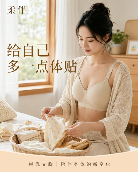 柔伴哺乳文胸温馨居家生活摄影海报 - AI图片提示词示例