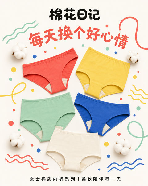 孟菲斯潮流风棉花日记女性内裤海报 - AI图片提示词示例