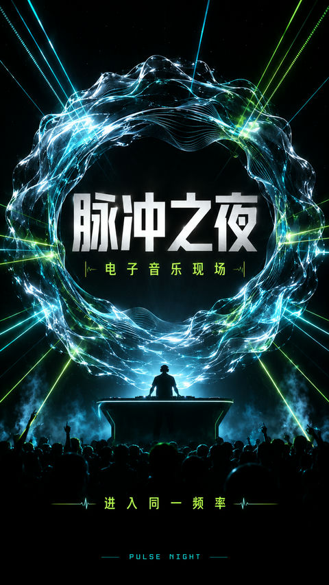 脉冲之夜：未来主义液态声波电音海报 - AI图片提示词示例