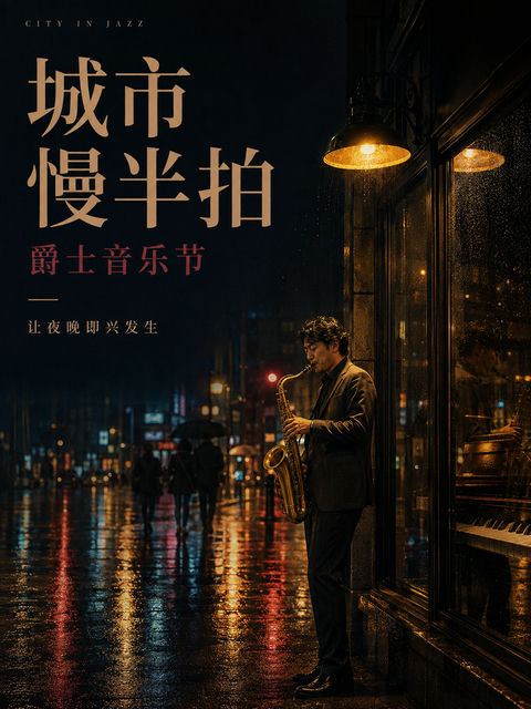 城市慢半拍：雨后深蓝街角的爵士乐章 - AI图片提示词示例