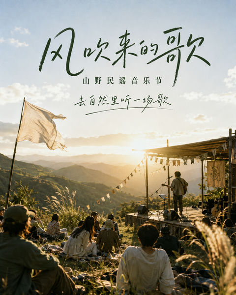 山野民谣音乐节：风吹来的歌海报 - AI图片提示词示例
